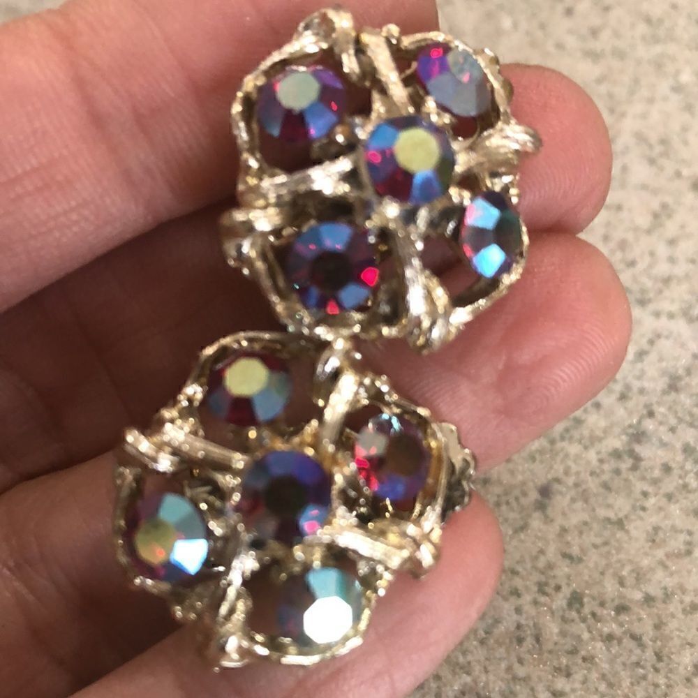 Vintage Aurora Borealis Clip on earrings gold tone.